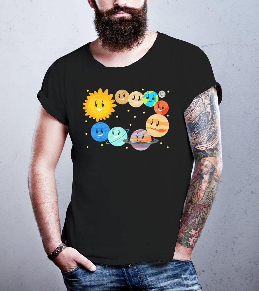 Kids Solar System Science Planets Learning Smiling Sun And Stars T-Shirt