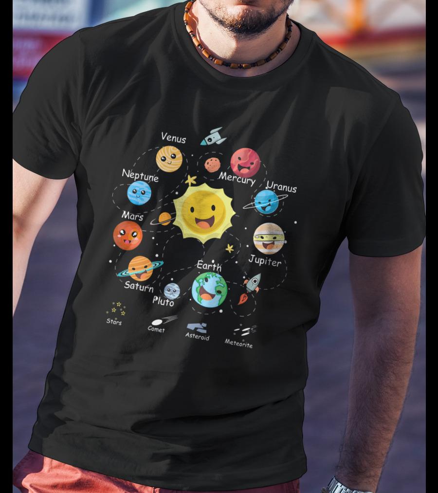 Funny Planets Solar System With Cute Sun And Space Objects T-Shirt