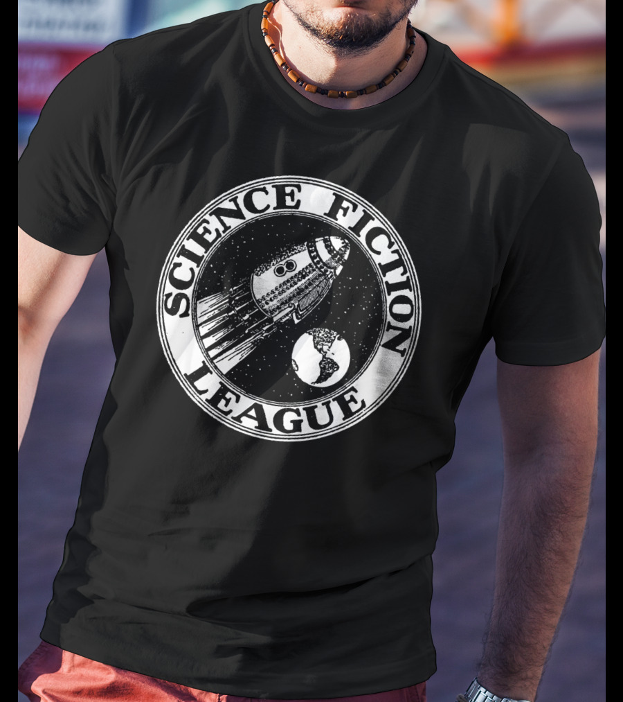 Science Fiction League 1930s Rocket And Earth Emblem T-Shirt
