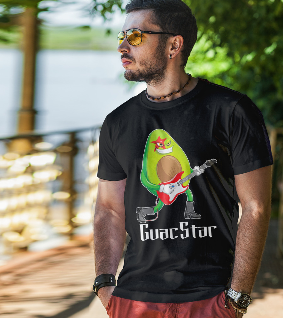 Guac Star Avocado Rock Star Playing Guitar With Red Boots T-Shirt