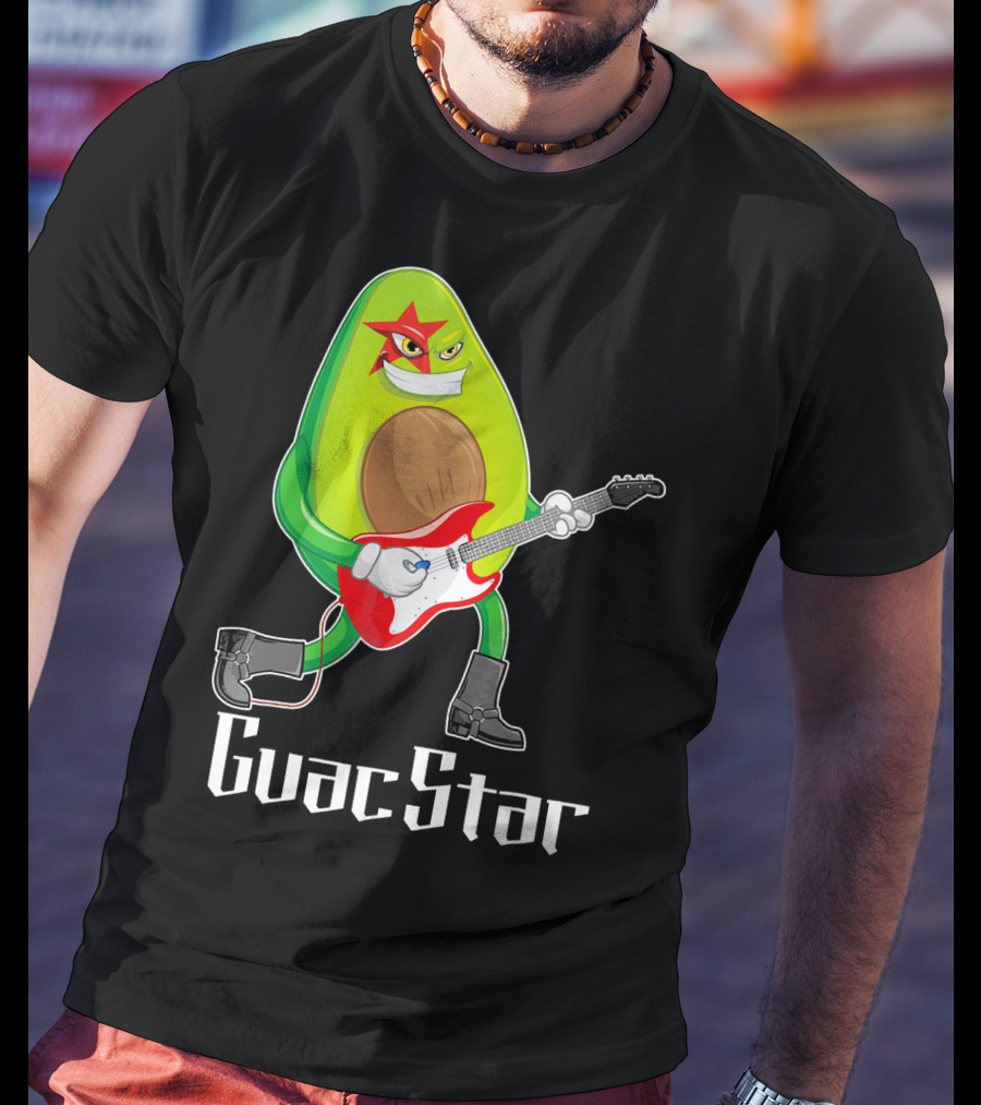 Guac Star Avocado Rock Star Playing Guitar With Red Boots T-Shirt