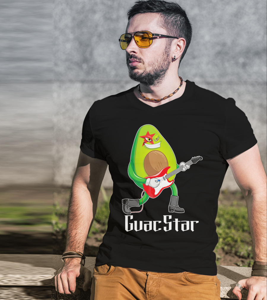 Guac Star Avocado Rock Star Playing Guitar With Red Boots T-Shirt