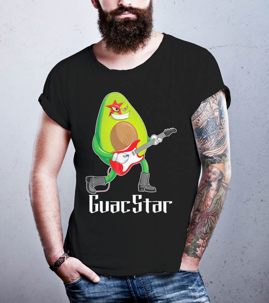 Guac Star Avocado Rock Star Playing Guitar With Red Boots T-Shirt