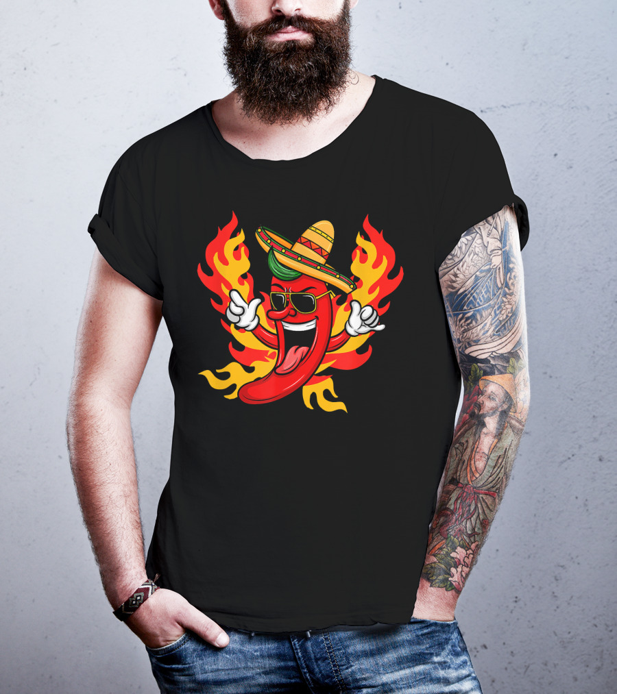 Cool Peppers Hot And Spicy Chili Flame Sombrero Party T-Shirt