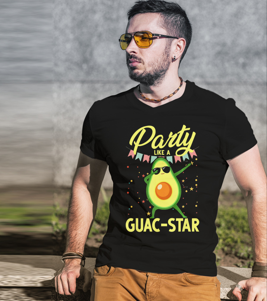 Party Like A Guac Star Avocado With Sunglasses And Colorful Festive Elements T-Shirt