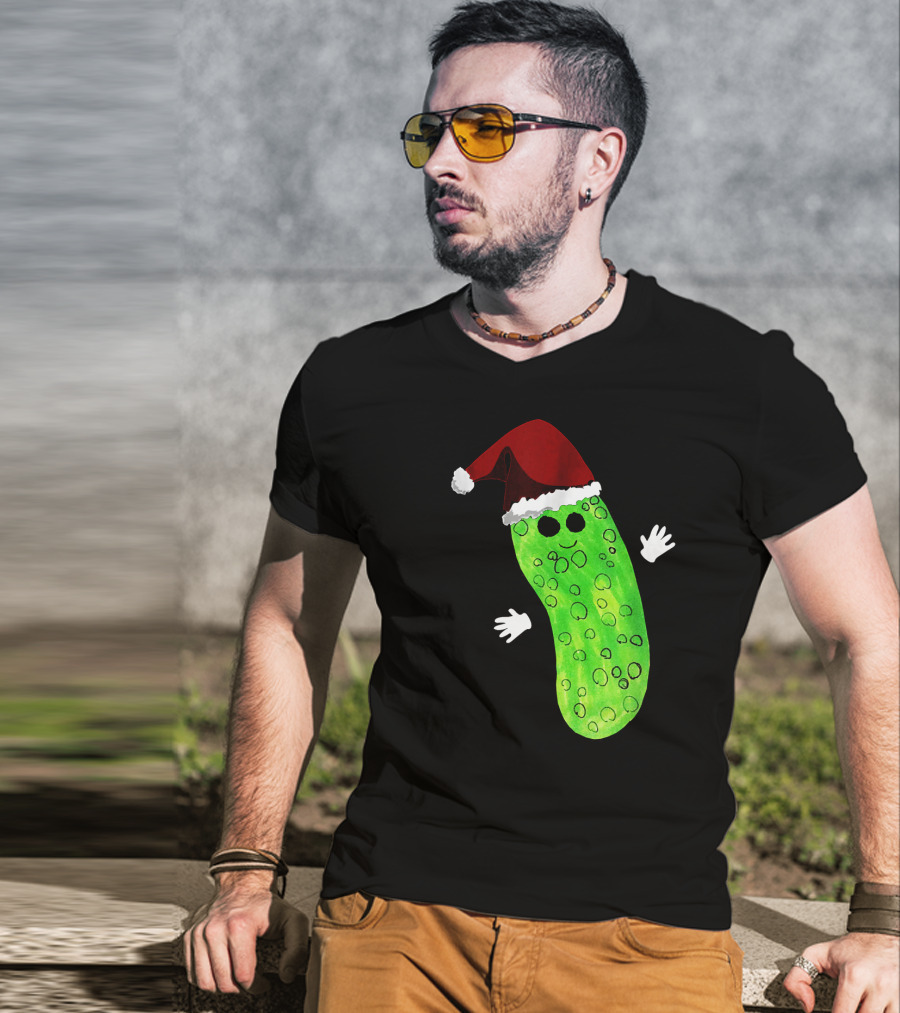 Christmas Pickle Wearing Santa Hat T-Shirt