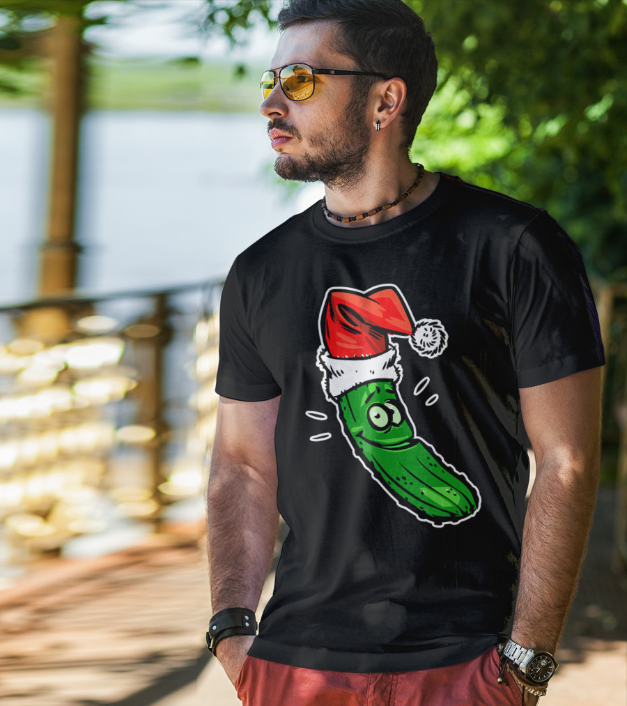 Funny Santa Pickle Christmas Cartoon Santa Hat T-Shirt
