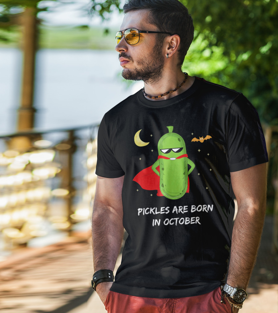 Superhero Pickles With Cape And Halloween Moon Born In October T-Shirt