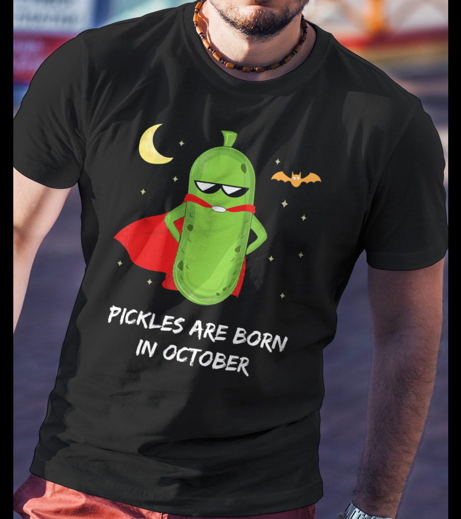 Superhero Pickles With Cape And Halloween Moon Born In October T-Shirt