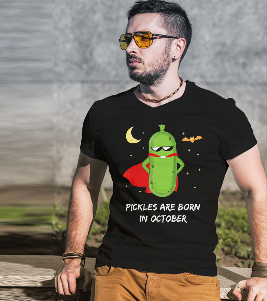 Superhero Pickles With Cape And Halloween Moon Born In October T-Shirt