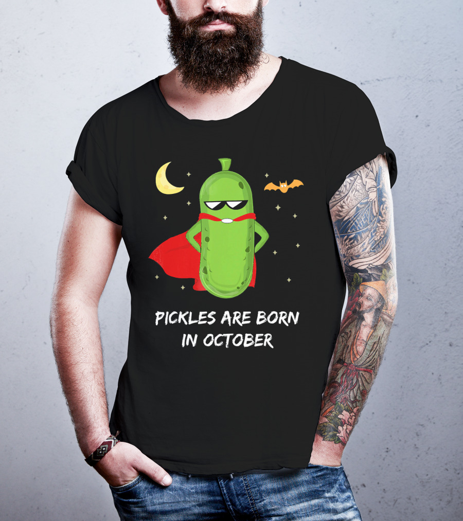 Superhero Pickles With Cape And Halloween Moon Born In October T-Shirt