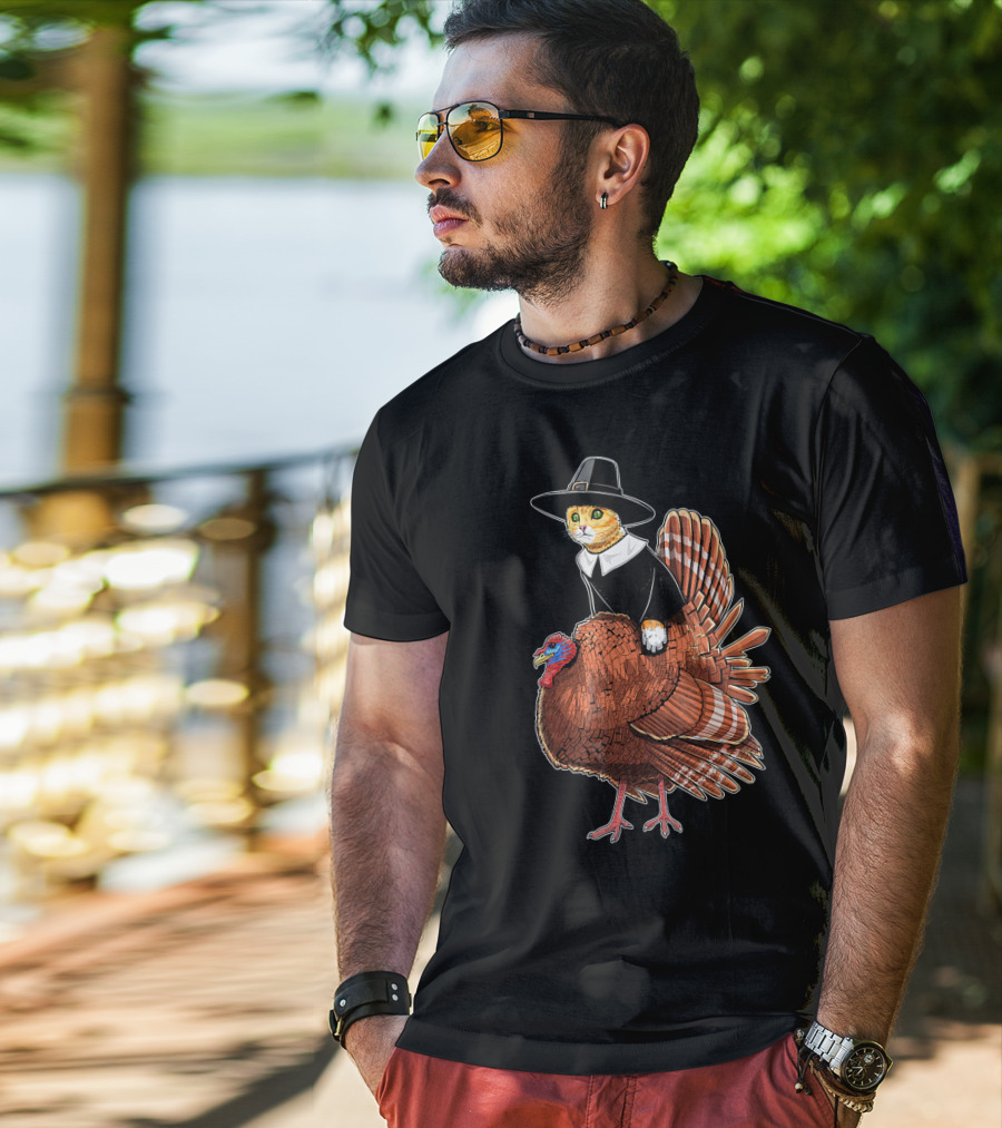 Thanksgiving Cat Dressed As Pilgrim Riding Turkey T-Shirt