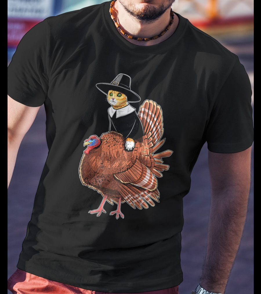 Thanksgiving Cat Dressed As Pilgrim Riding Turkey T-Shirt