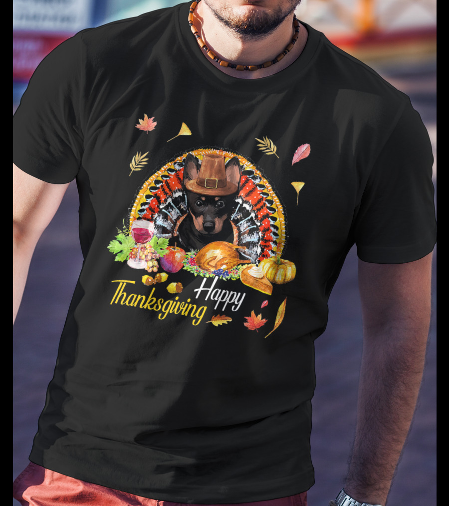 Happy Thanksgiving Heeler Dog With Feast And Autumn Leaves T-Shirt