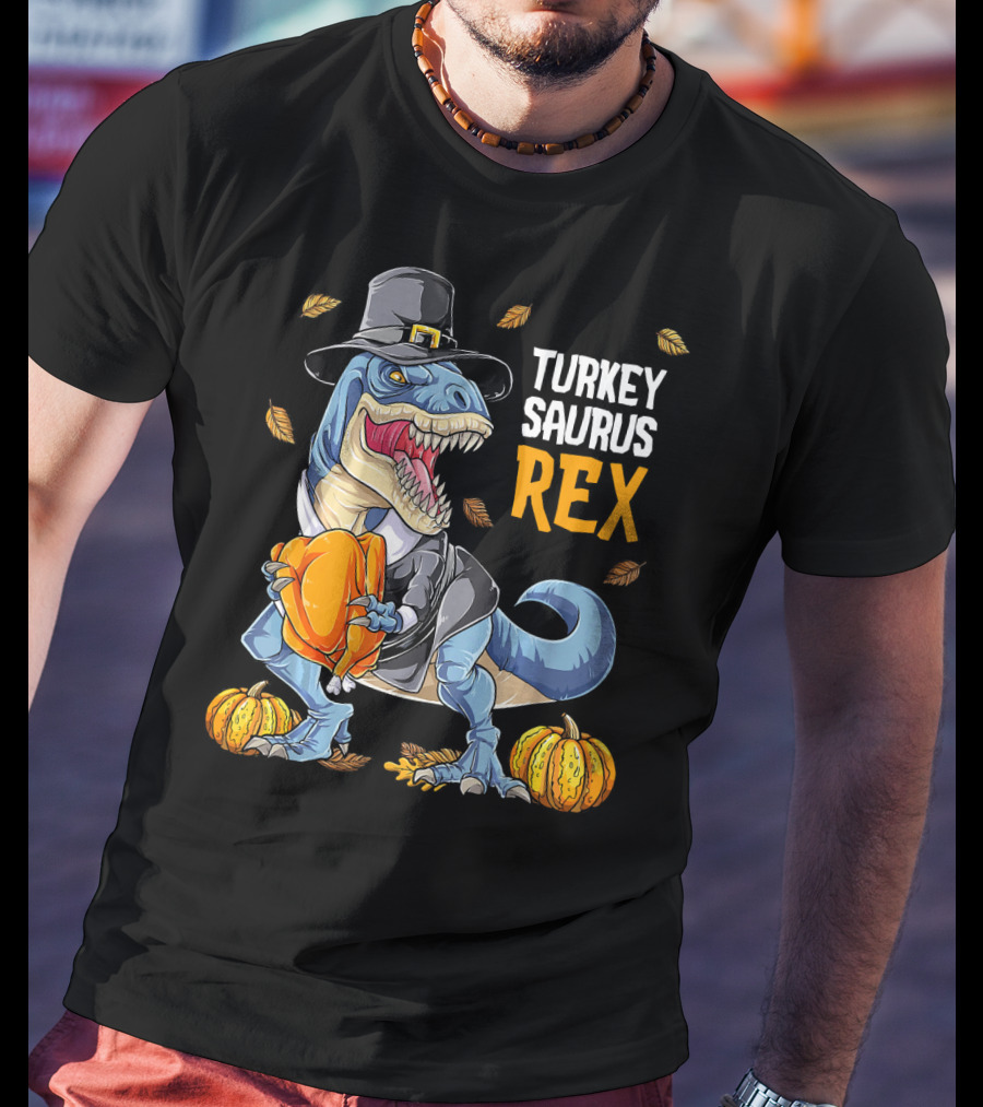 Turkey Saurus Rex Dinosaur Thanksgiving Boys Pilgrim Hat Pumpkin T-Shirt