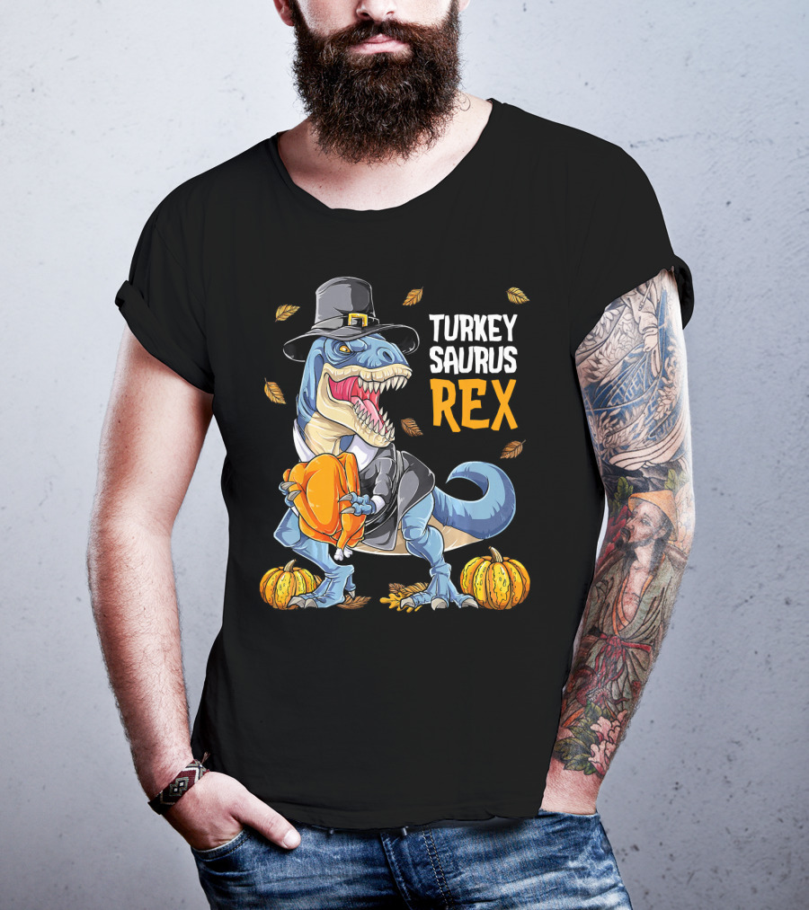Turkey Saurus Rex Dinosaur Thanksgiving Boys Pilgrim Hat Pumpkin T-Shirt