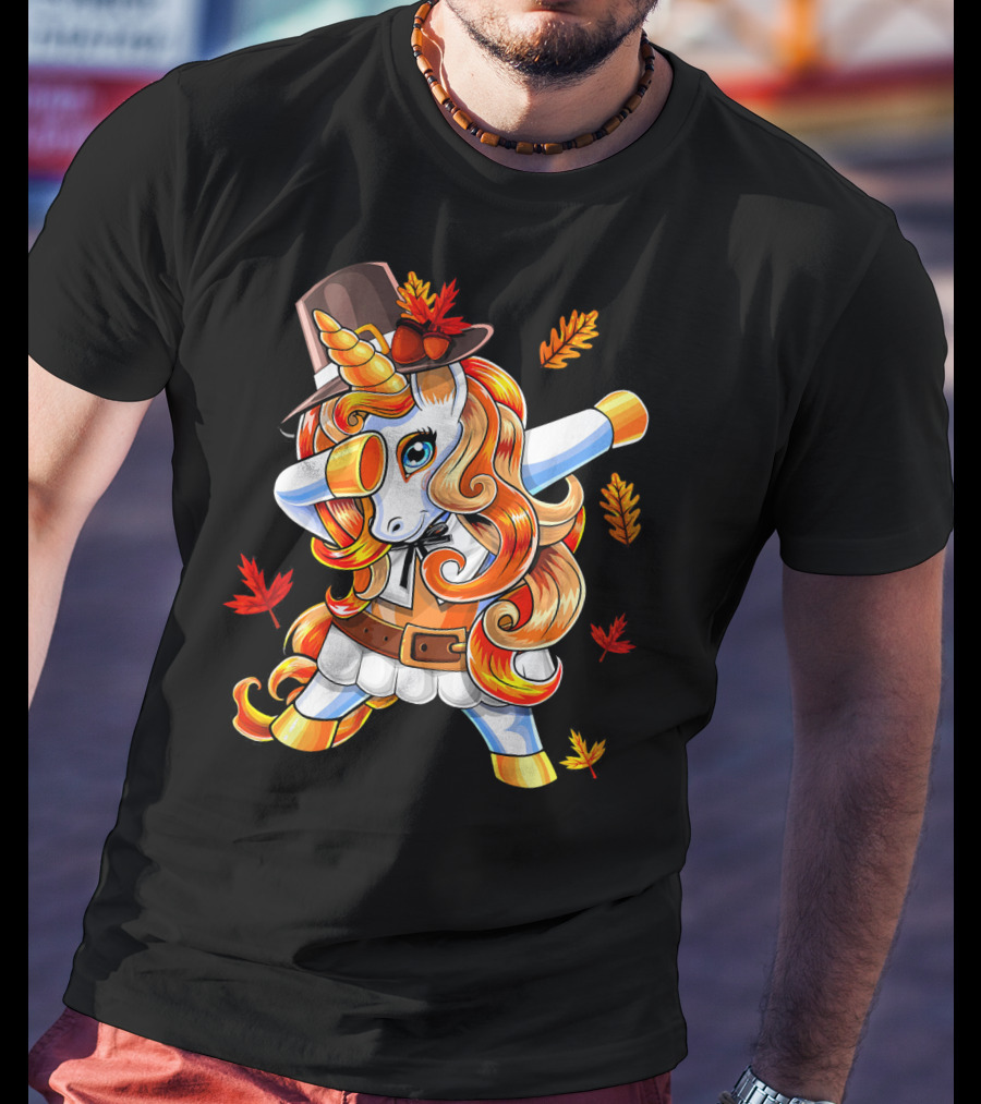 Thanksgiving Pilgrim Unicorn Dabbing Autumn Leaves T-Shirt