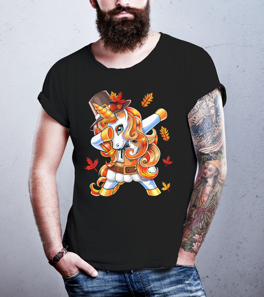 Thanksgiving Pilgrim Unicorn Dabbing Autumn Leaves T-Shirt