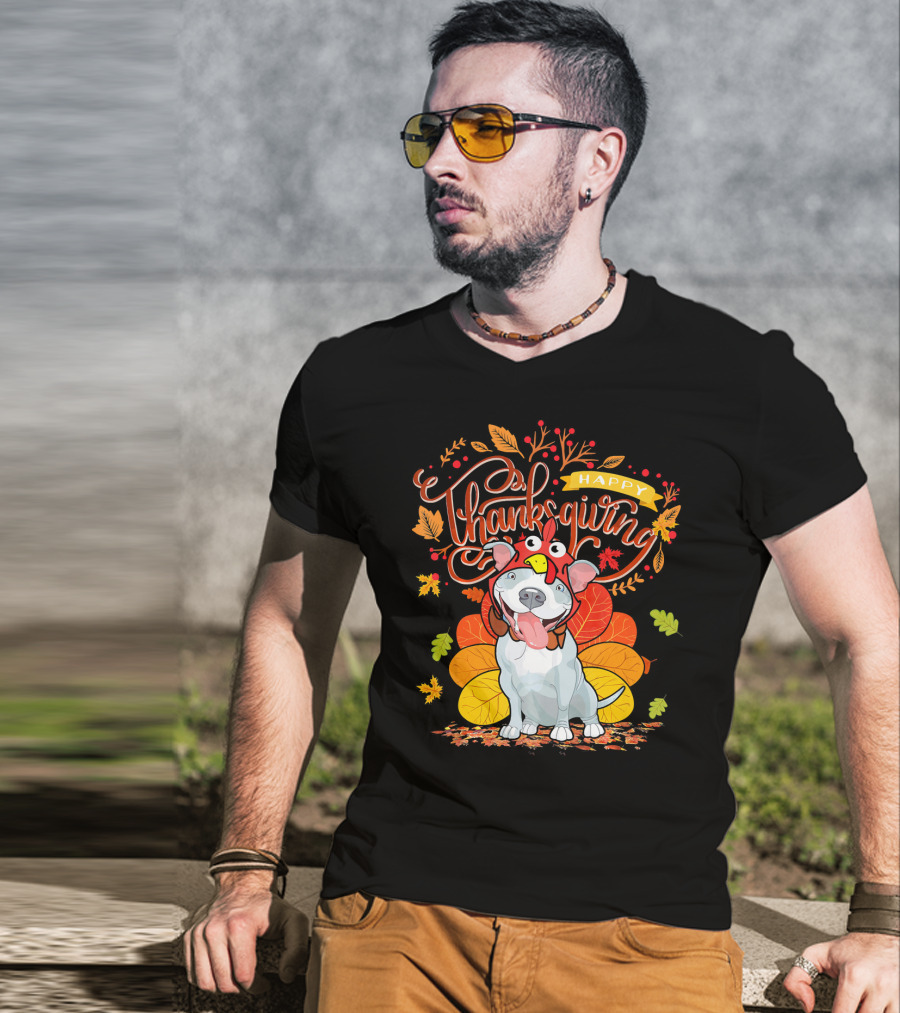 Happy Thanksgiving Pit Bull Wearing Turkey Hat Autumn Leaves T-Shirt