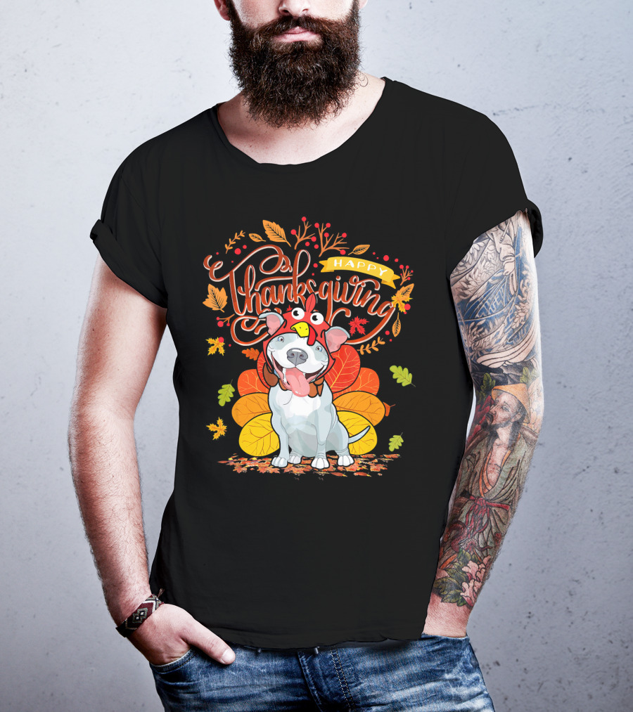 Happy Thanksgiving Pit Bull Wearing Turkey Hat Autumn Leaves T-Shirt