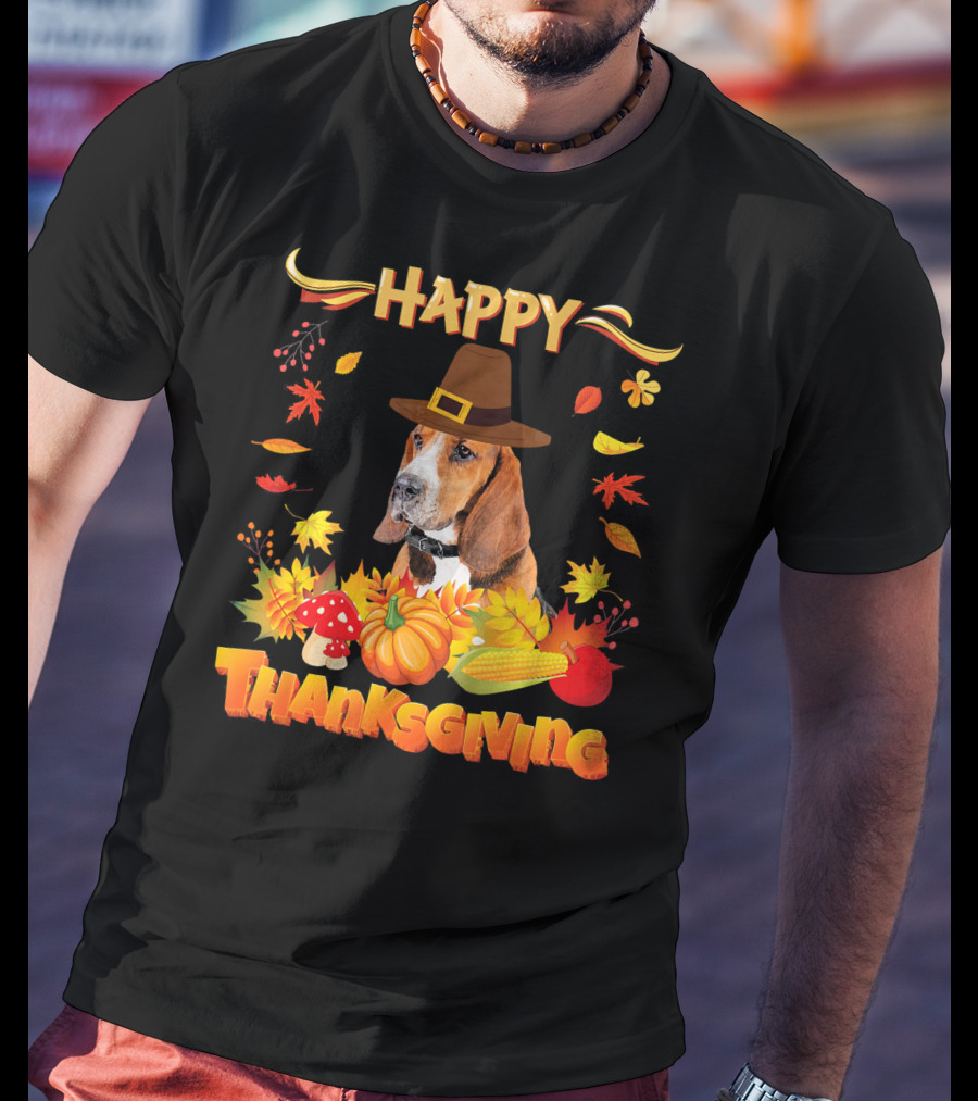 Happy Thanksgiving Basset Hound Dog With Pilgrim Hat And Autumn Harvest Elements T-Shirt
