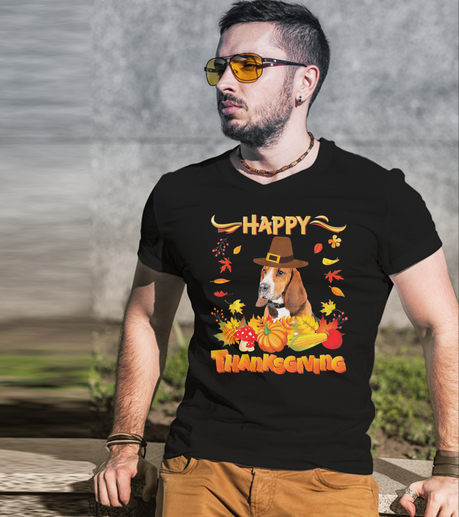 Happy Thanksgiving Basset Hound Dog With Pilgrim Hat And Autumn Harvest Elements T-Shirt