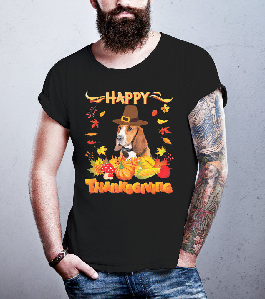 Happy Thanksgiving Basset Hound Dog With Pilgrim Hat And Autumn Harvest Elements T-Shirt