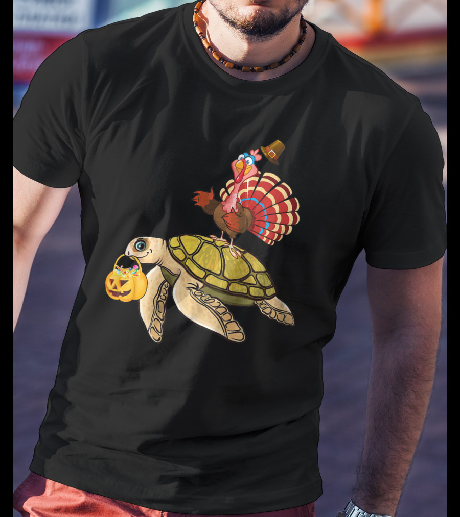 Turkey Riding Turtle Pumpkin Funny Sea Thanksgiving Halloween Fusion T-Shirt