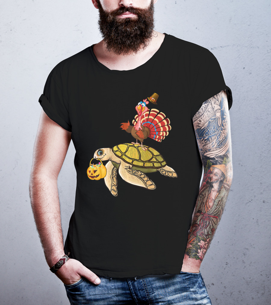 Turkey Riding Turtle Pumpkin Funny Sea Thanksgiving Halloween Fusion T-Shirt
