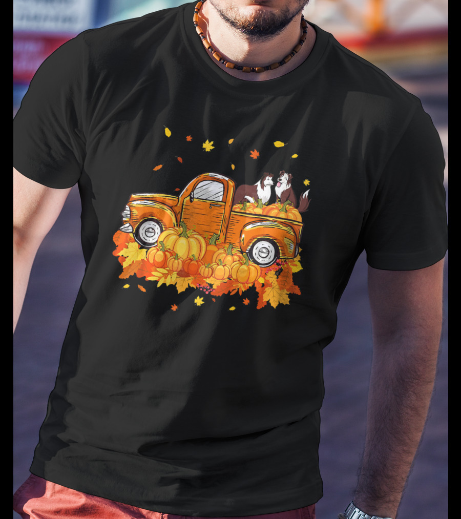 Heeler Pumpkin Truck With Fall Leaves And Pumpkins For Halloween T-Shirt