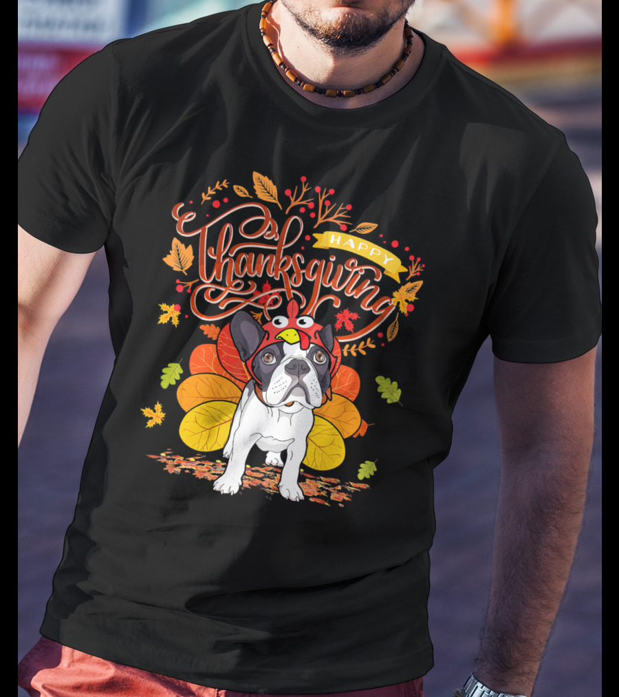 Happy Thanksgiving French Bulldog With Turkey Hat And Fall Leaves T-Shirt
