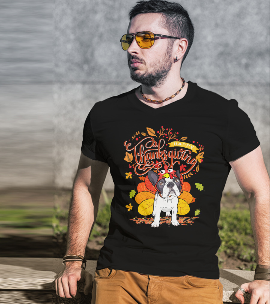 Happy Thanksgiving French Bulldog With Turkey Hat And Fall Leaves T-Shirt