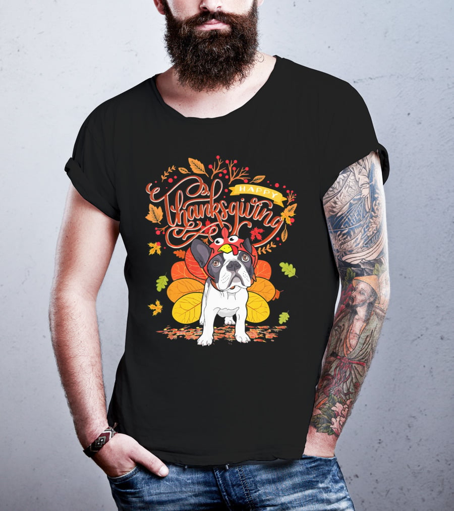 Happy Thanksgiving French Bulldog With Turkey Hat And Fall Leaves T-Shirt