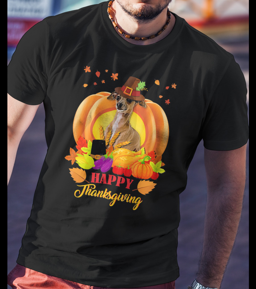Italian Greyhound Happy Thanksgiving Pilgrim Hat Pumpkin Leaves T-Shirt