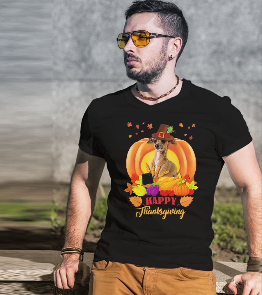 Italian Greyhound Happy Thanksgiving Pilgrim Hat Pumpkin Leaves T-Shirt