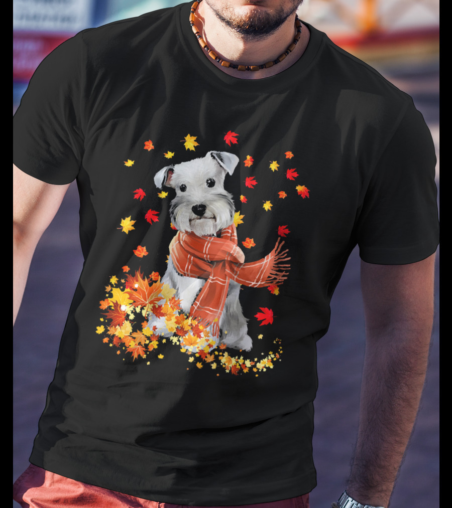 Cute Schnauzer Dog Autumn Leaves And Cozy Scarf T-Shirt