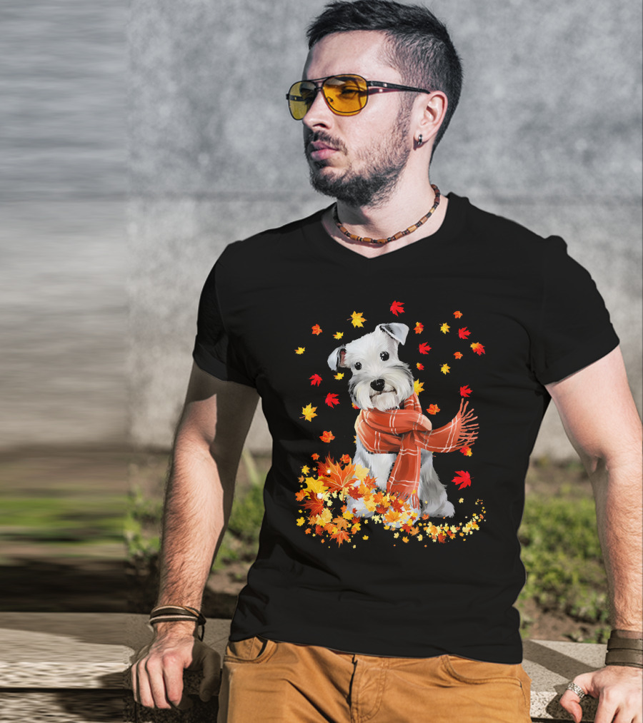 Cute Schnauzer Dog Autumn Leaves And Cozy Scarf T-Shirt