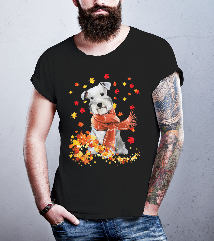 Cute Schnauzer Dog Autumn Leaves And Cozy Scarf T-Shirt