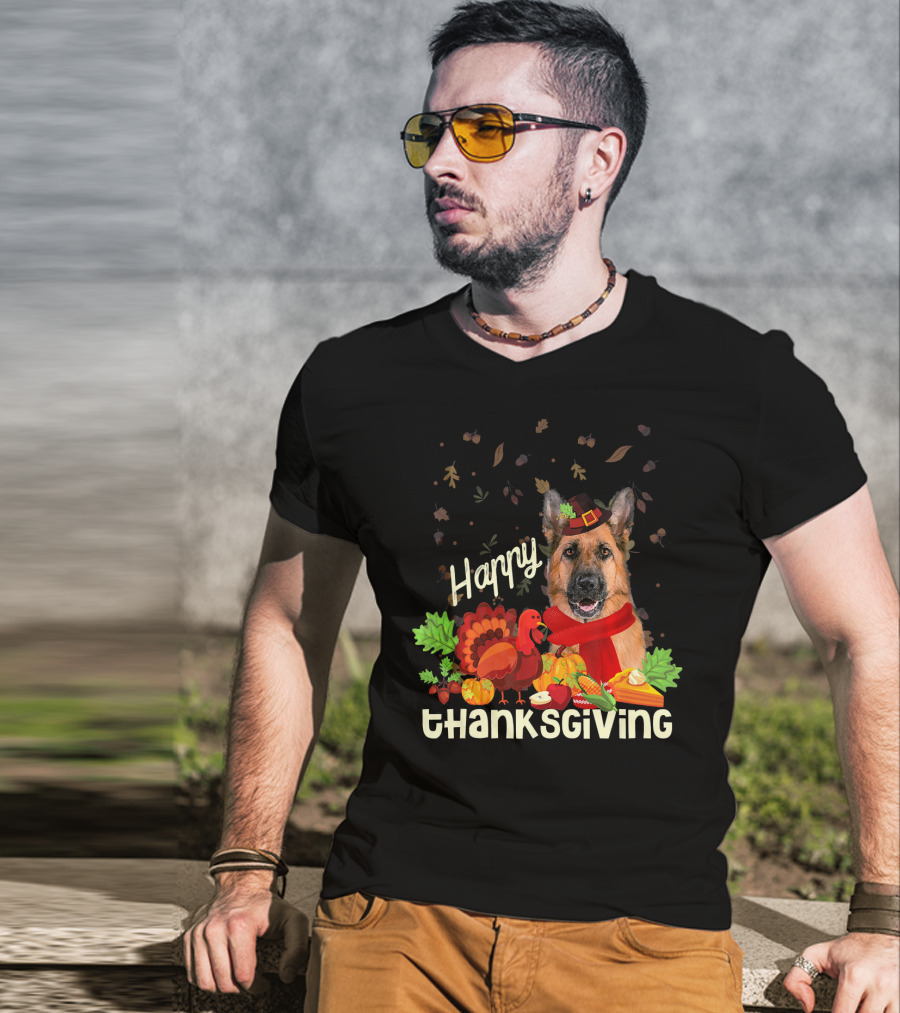 Happy Thanksgiving Pilgrim German Shepherd With Turkey And Fall Leaves T-Shirt