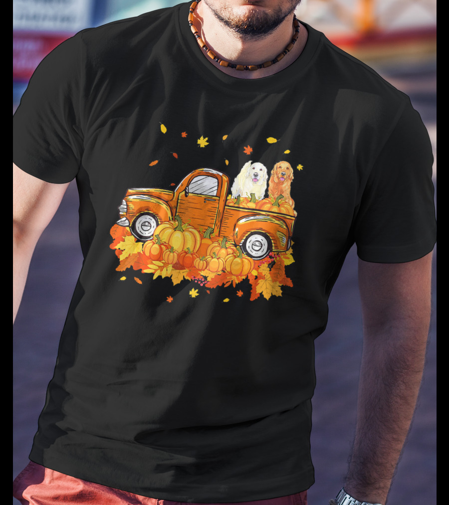 Golden Retriever Puppies In Vintage Pumpkin Truck With Autumn Leaves T-Shirt