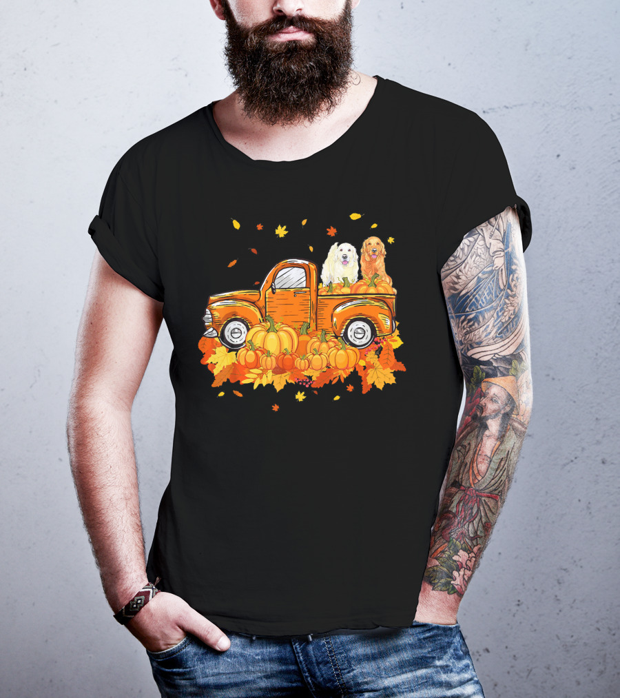 Golden Retriever Puppies In Vintage Pumpkin Truck With Autumn Leaves T-Shirt
