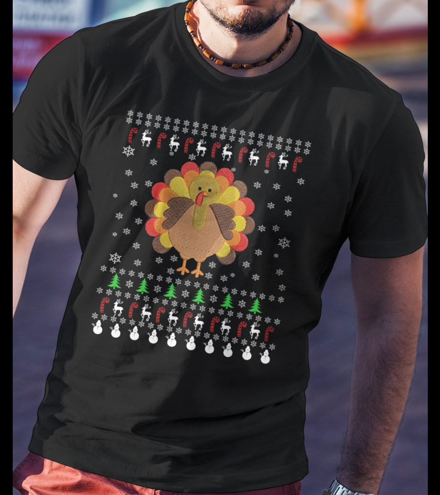Thanksgiving Turkey With Snowflakes Reindeer Trees And Candy Canes T-Shirt