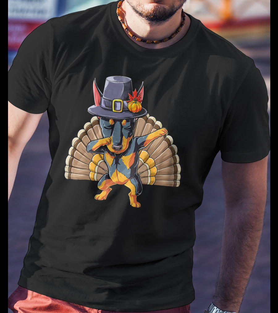 Thanksgiving Pilgrim Hat Dabbing Dog With Turkey Feathers T-Shirt