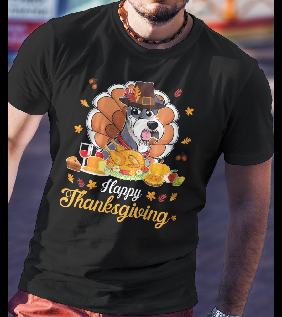 Happy Thanksgiving Schnauzer Pilgrim Turkey Feast Wine T-Shirt