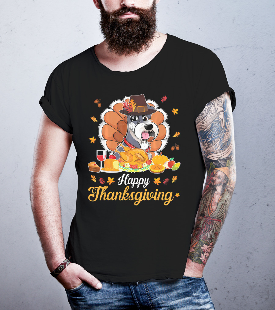 Happy Thanksgiving Schnauzer Pilgrim Turkey Feast Wine T-Shirt