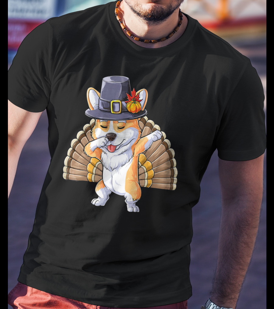 Thanksgiving Dabbing Corgi Pilgrim Hat Turkey Tail T-Shirt