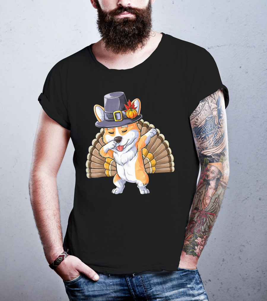 Thanksgiving Dabbing Corgi Pilgrim Hat Turkey Tail T-Shirt