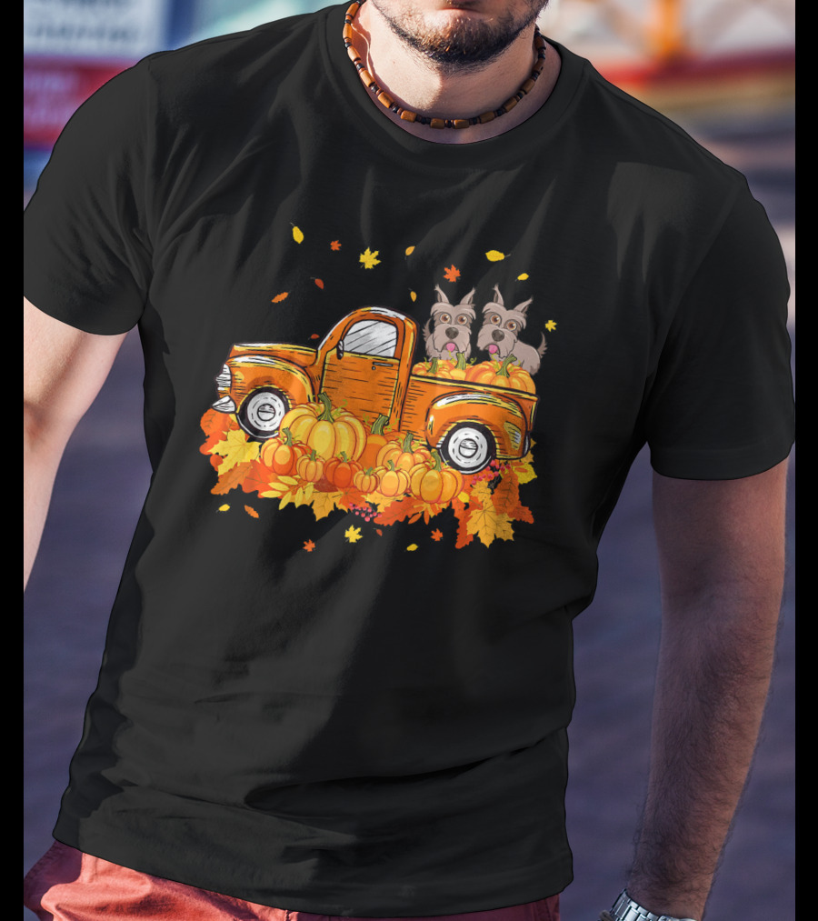 Scottie Dogs In Pumpkin-Filled Truck Surrounded By Autumn Leaves Halloween T-Shirt