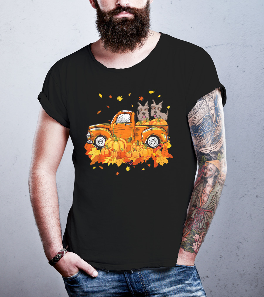 Scottie Dogs In Pumpkin-Filled Truck Surrounded By Autumn Leaves Halloween T-Shirt