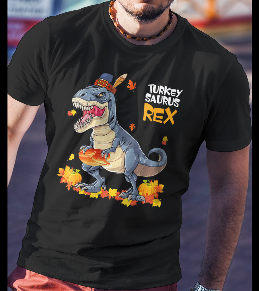 Turkey Saurus Rex Pilgrim Dinosaur Fall Leaves Pumpkins T-Shirt
